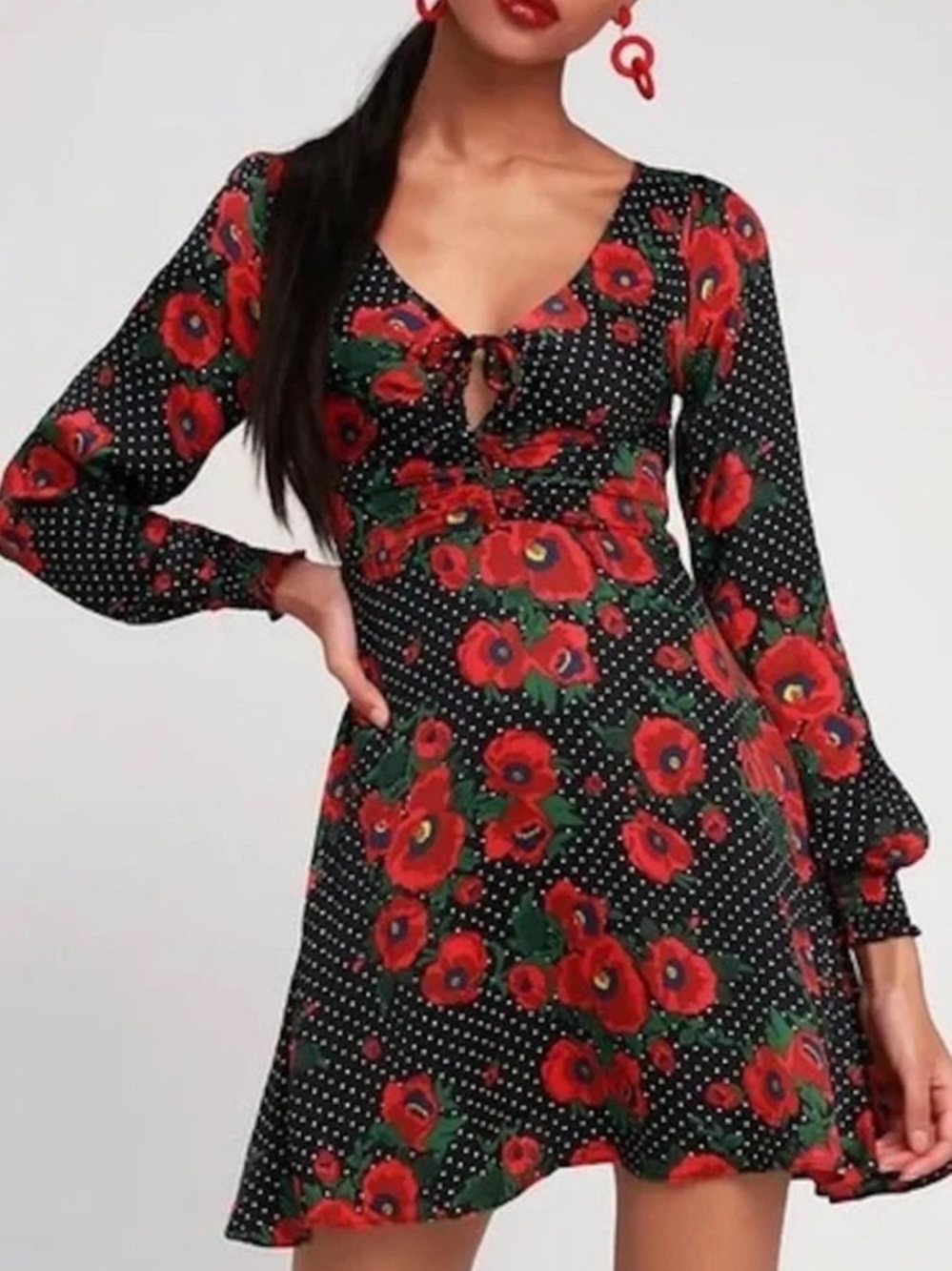 FREE PEOPLE Morning Light Midi Dress in Black Poppy Floral/Polka Dot 2